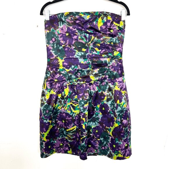 BCBGMaxAzria Strapless Dress Pleated Purple Green Blue Floral Pockets 10 mc - Picture 1 of 4